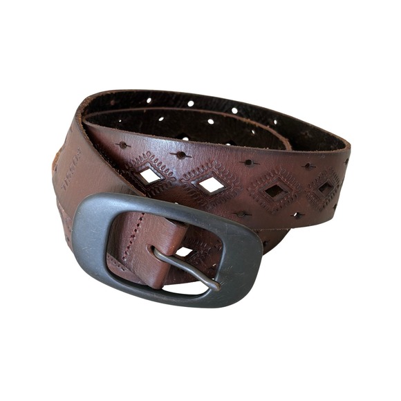 Fossil Accessories - Fossil Brown Leather Belt Geometric Diamond Cutout Southwestern Womens 36 in‎